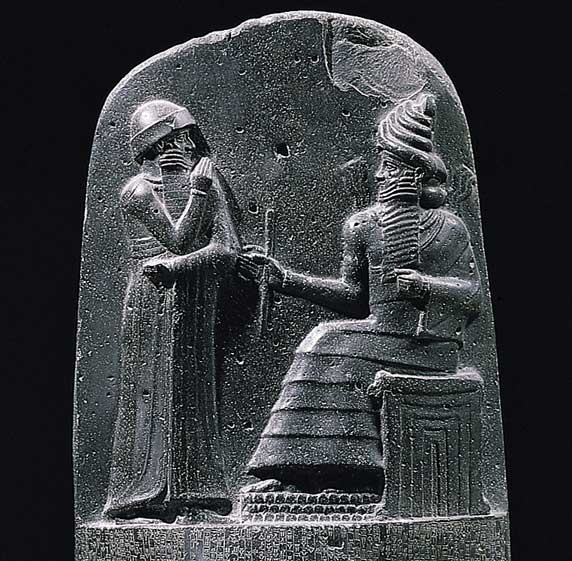 King Hammurabi and the god Shamash, from the diorete stele on which the Codex Hammurabi is engraved.